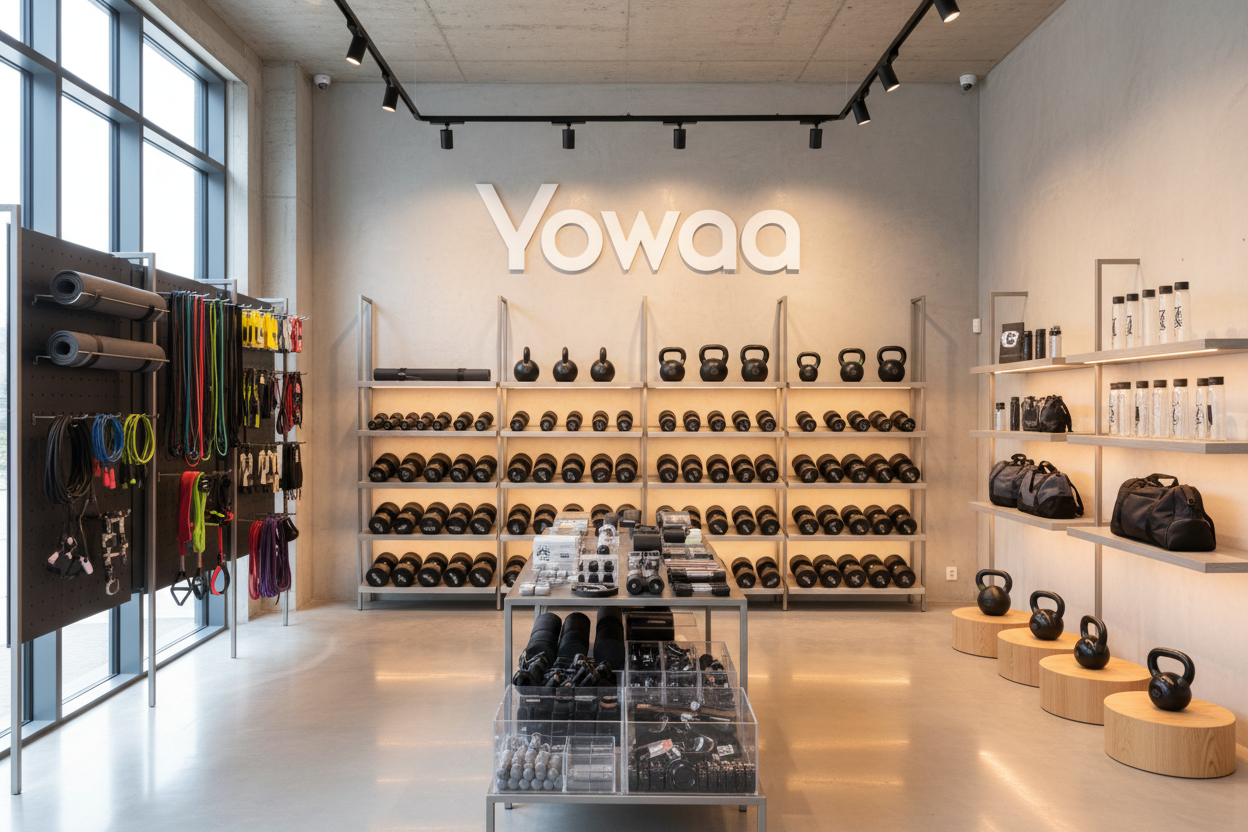 an image containing basic gym equipment and accessories inside a store named Yowaa